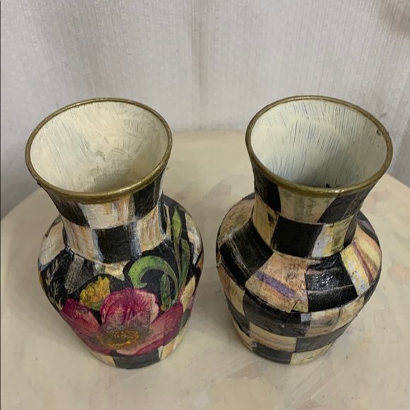Vintage Bud Vases Flower Market Courtly Check Decoupaged Mackenzie Childs - Picture 2 of 8